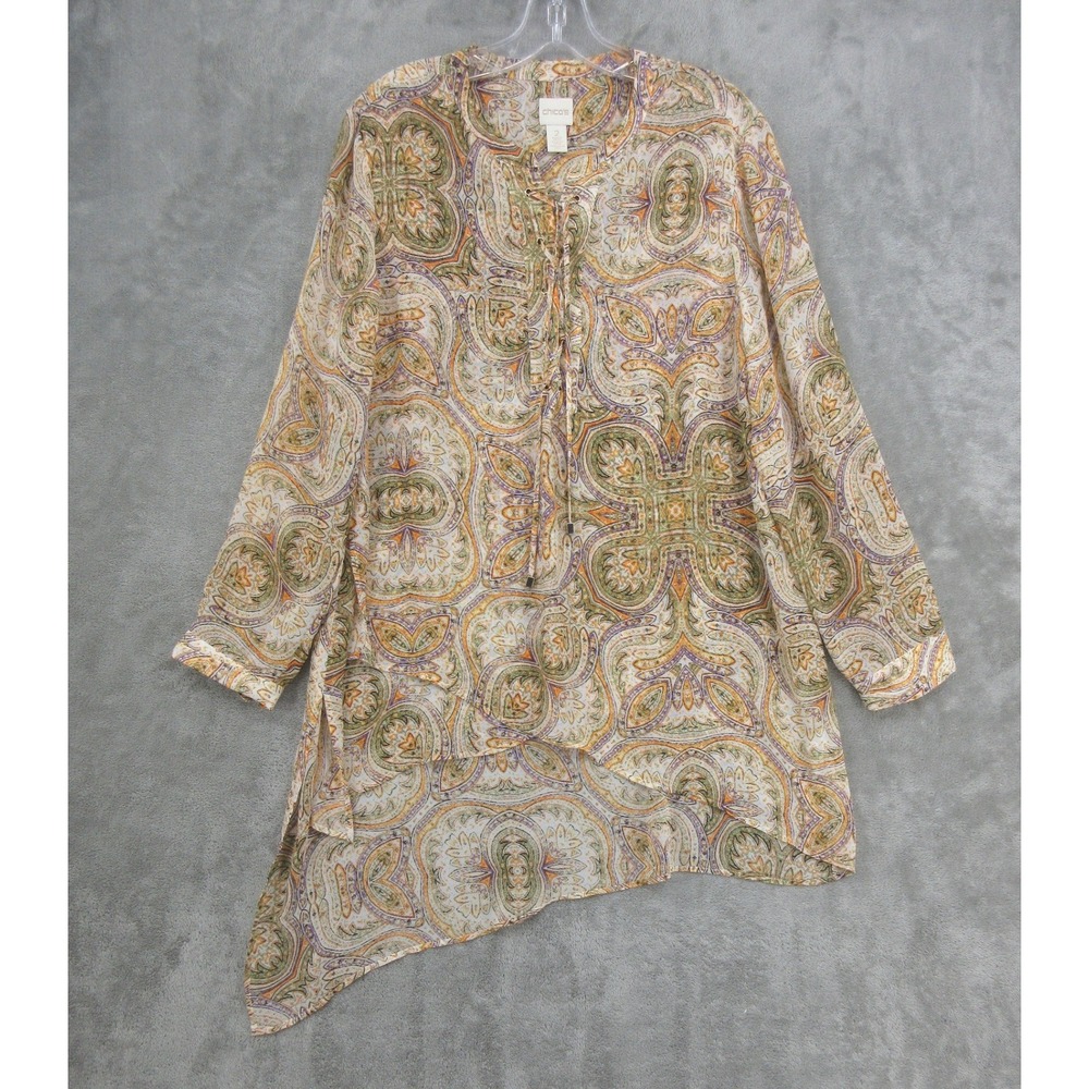 Chicos Top Womens Size 2 Large Paisley Lace Up Tunic Asymmetric Hem Boho Chiffon
